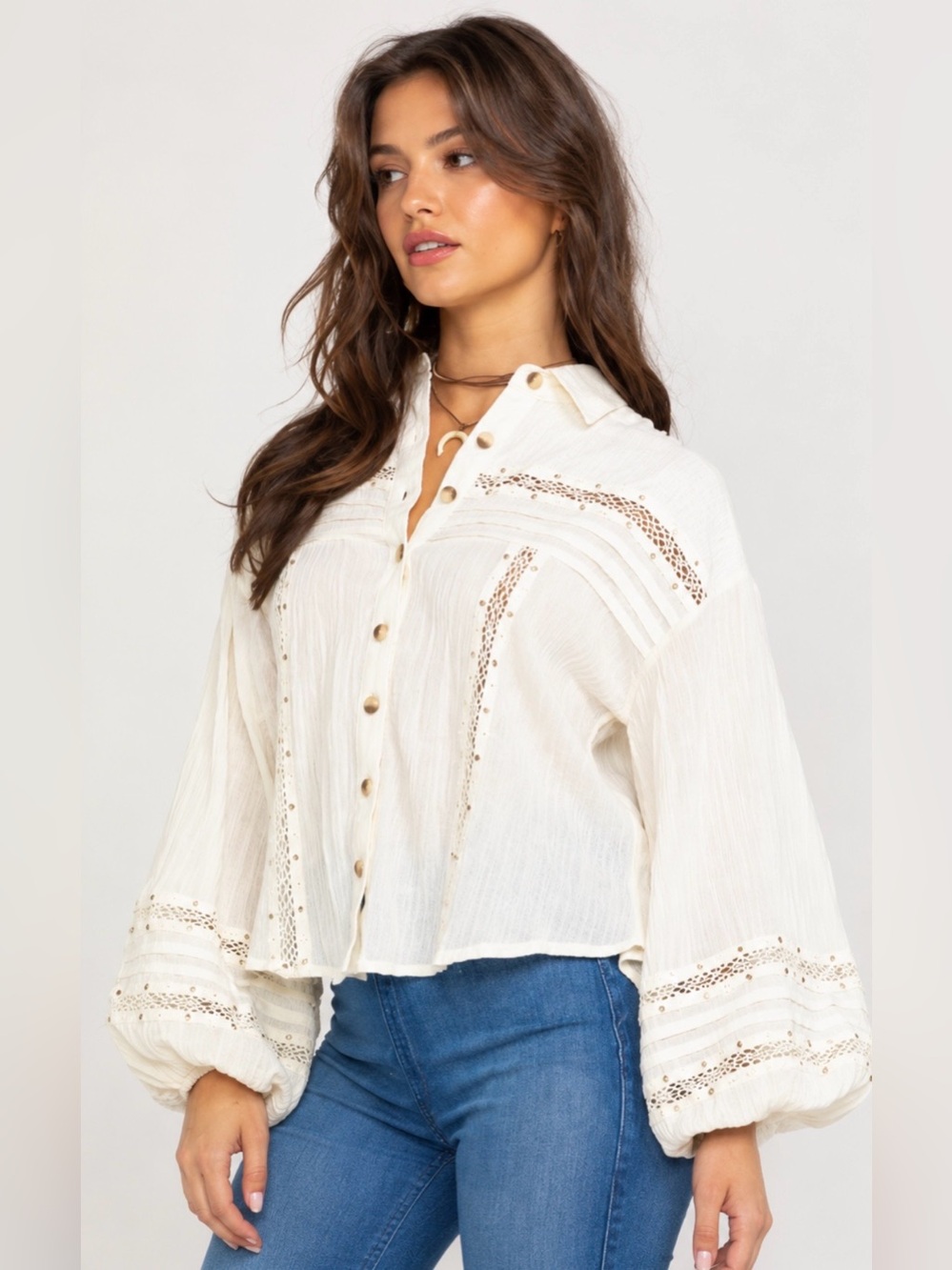 Free People Ivory Lace Detail Embellished Button Down Blouse Size M